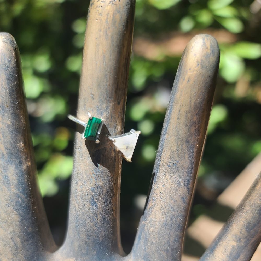Moonstone & Malachite geometric open design sterling rung sz7 adjustable - Picture 6 of 8